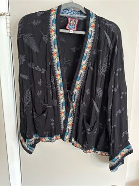 Johnny Was Black Open-Front Tunic with Multicolor Embroidered Trim